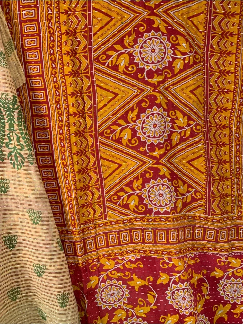 Handmade Kantha Quilt Twin Size Recycled Sari Cotton Tan Green Red Mustard